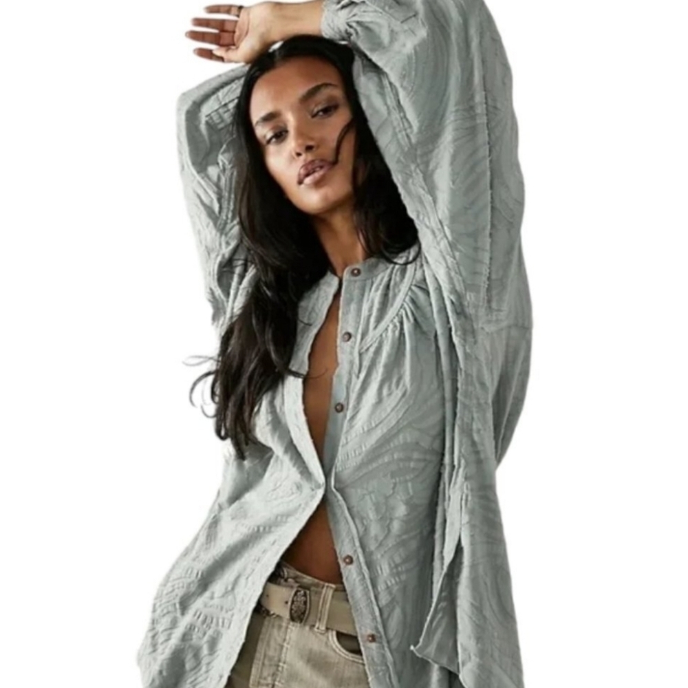 Free People Can't Stop Dreaming Tunic Seagrass Medium Button Front Puff Sleeve